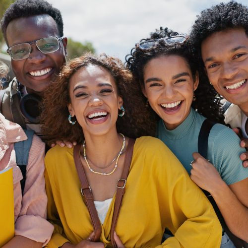 Happy, university and laughing portrait with friends and class diversity on college campus with smi.